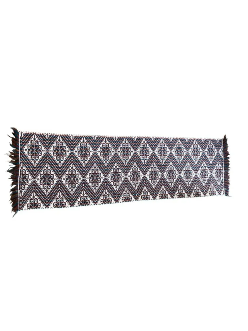 Handwoven Table Runner With Geometric Pattern And Fringe